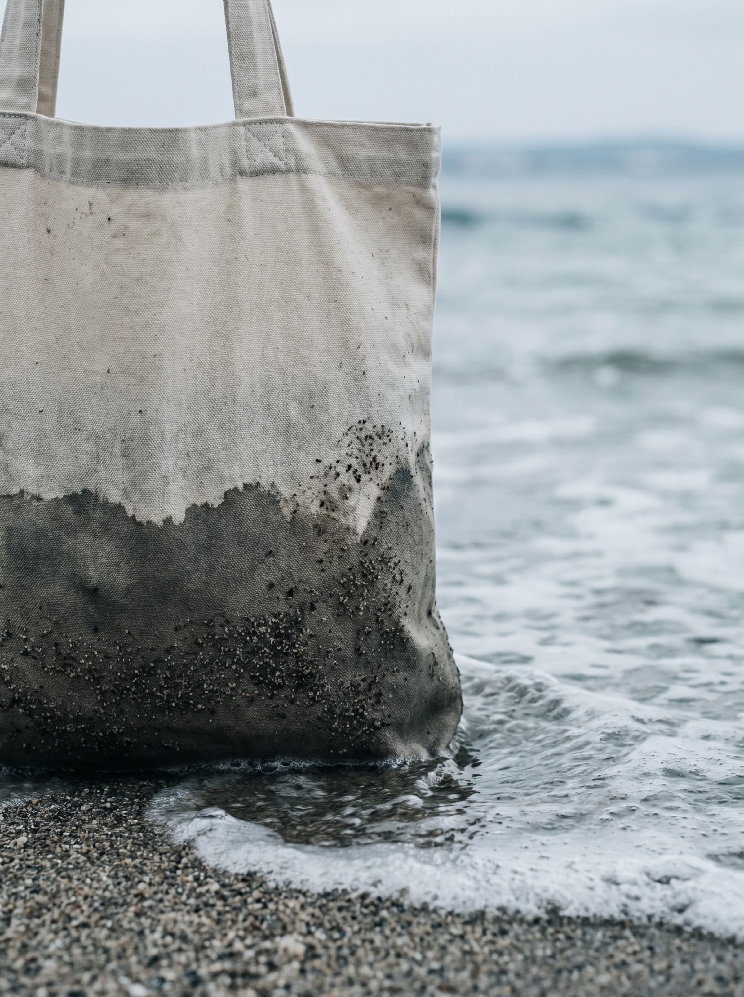 A canvas beach tote standing at the shoreline, soaked dark to halfway up and caked with wet sand, water washing around its base